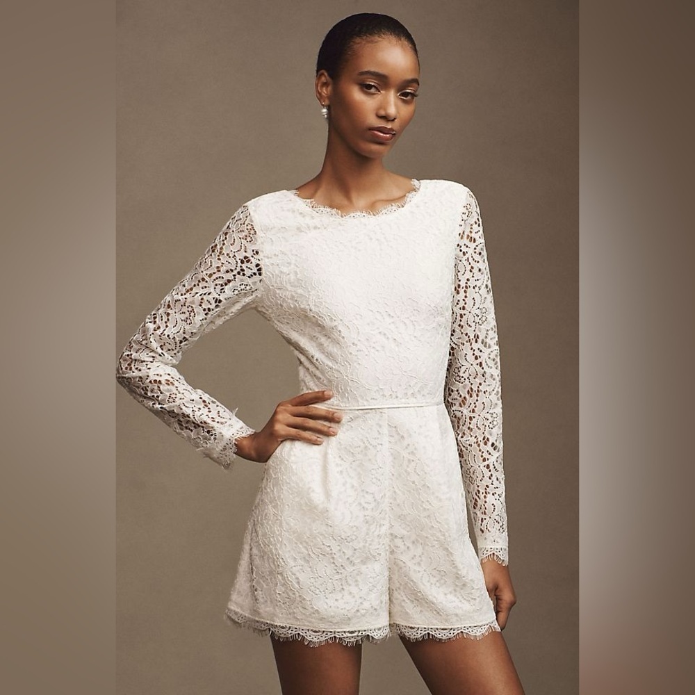 NWT BHLDN Mock-Neck Long-Sleeve Bow-Back Lace Romper